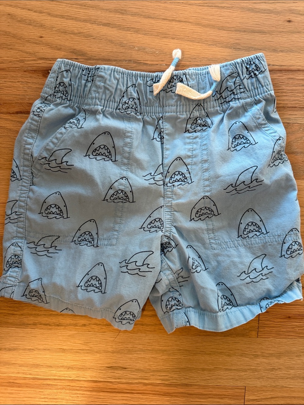Kids Light Blue 100% Cotton Shark Print Pull-On Shorts